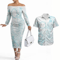 Turquoise Kuki Airani Tapakau Couples Matching Off The Shoulder Long Sleeve Dress and Hawaiian Shirt Tribal Anchor Mix Tiare LT7 Turquoise - Polynesian Pride