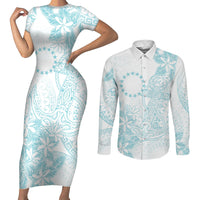 Turquoise Kuki Airani Tapakau Couples Matching Short Sleeve Bodycon Dress and Long Sleeve Button Shirt Tribal Anchor Mix Tiare LT7 Turquoise - Polynesian Pride