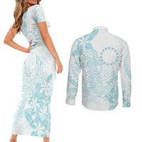Turquoise Kuki Airani Tapakau Couples Matching Short Sleeve Bodycon Dress and Long Sleeve Button Shirt Tribal Anchor Mix Tiare LT7 - Polynesian Pride