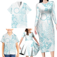 Turquoise Kuki Airani Tapakau Family Matching Long Sleeve Bodycon Dress and Hawaiian Shirt Tribal Anchor Mix Tiare