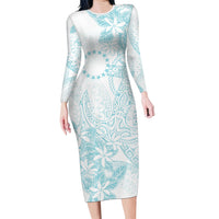 Turquoise Kuki Airani Tapakau Family Matching Long Sleeve Bodycon Dress and Hawaiian Shirt Tribal Anchor Mix Tiare
