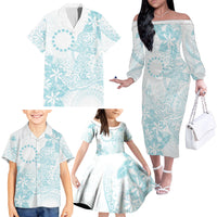 Turquoise Kuki Airani Tapakau Family Matching Off The Shoulder Long Sleeve Dress and Hawaiian Shirt Tribal Anchor Mix Tiare LT7 - Polynesian Pride
