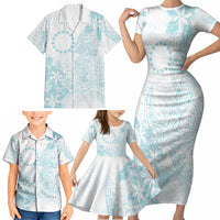Turquoise Kuki Airani Tapakau Family Matching Short Sleeve Bodycon Dress and Hawaiian Shirt Tribal Anchor Mix Tiare LT7 - Polynesian Pride