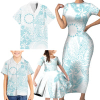 Turquoise Kuki Airani Tapakau Family Matching Short Sleeve Bodycon Dress and Hawaiian Shirt Tribal Anchor Mix Tiare