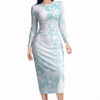 Turquoise Kuki Airani Tapakau Long Sleeve Bodycon Dress Tribal Anchor Mix Tiare LT7 Long Dress Turquoise - Polynesian Pride