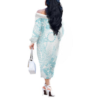Turquoise Kuki Airani Tapakau Off The Shoulder Long Sleeve Dress Tribal Anchor Mix Tiare