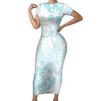 Turquoise Kuki Airani Tapakau Short Sleeve Bodycon Dress Tribal Anchor Mix Tiare LT7 Long Dress Turquoise - Polynesian Pride