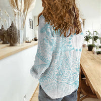 Turquoise Kuki Airani Tapakau Women Casual Shirt Tribal Anchor Mix Tiare