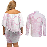 Candy Pink Kuki Airani Tapakau Couples Matching Off Shoulder Short Dress and Long Sleeve Button Shirt Tribal Anchor Mix Tiare LT7 - Polynesian Pride