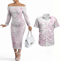 Candy Pink Kuki Airani Tapakau Couples Matching Off The Shoulder Long Sleeve Dress and Hawaiian Shirt Tribal Anchor Mix Tiare LT7 Candy Pink - Polynesian Pride