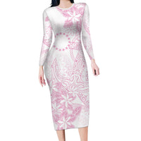 Candy Pink Kuki Airani Tapakau Long Sleeve Bodycon Dress Tribal Anchor Mix Tiare LT7 Long Dress Candy Pink - Polynesian Pride