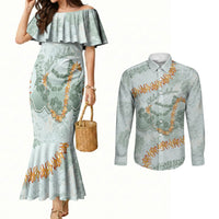 Hawaii Kaho'olawe Island Flowers Lei Couples Matching Mermaid Dress and Long Sleeve Button Shirt Silver Hinahina Kū Kahakai