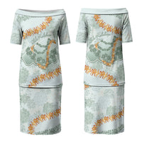 Hawaii Kaho'olawe Island Flowers Lei Couples Matching Puletasi and Long Sleeve Button Shirt Silver Hinahina Kū Kahakai