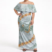 Hawaii Kaho'olawe Island Flowers Lei Off Shoulder Maxi Dress Silver Hinahina Kū Kahakai