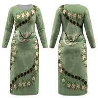Hawaii Molokai Island Flowers Lei Couples Matching Long Sleeve Bodycon Dress and Hawaiian Shirt Kukui Nut Mossy Green