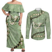 Hawaii Molokai Island Flowers Lei Couples Matching Off Shoulder Maxi Dress and Long Sleeve Button Shirt Kukui Nut Mossy Green