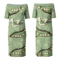 Hawaii Molokai Island Flowers Lei Couples Matching Puletasi and Hawaiian Shirt Kukui Nut Mossy Green