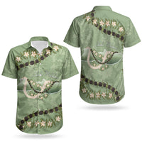 Hawaii Molokai Island Flowers Lei Couples Matching Short Sleeve Bodycon Dress and Hawaiian Shirt Kukui Nut Mossy Green