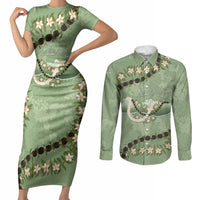 Hawaii Molokai Island Flowers Lei Couples Matching Short Sleeve Bodycon Dress and Long Sleeve Button Shirt Kukui Nut Mossy Green LT7 Moss Green - Polynesian Pride