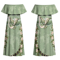 Hawaii Molokai Island Flowers Lei Family Matching Off Shoulder Maxi Dress and Hawaiian Shirt Kukui Nut Mossy Green
