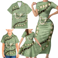 Hawaii Molokai Island Flowers Lei Family Matching Short Sleeve Bodycon Dress and Hawaiian Shirt Kukui Nut Mossy Green LT7 - Polynesian Pride