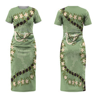 Hawaii Molokai Island Flowers Lei Family Matching Short Sleeve Bodycon Dress and Hawaiian Shirt Kukui Nut Mossy Green LT7 Mom's Dress Moss Green - Polynesian Pride