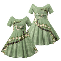 Hawaii Molokai Island Flowers Lei Family Matching Short Sleeve Bodycon Dress and Hawaiian Shirt Kukui Nut Mossy Green LT7 Daughter's Dress Moss Green - Polynesian Pride