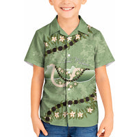 Hawaii Molokai Island Flowers Lei Kid Hawaiian Shirt Kukui Nut Mossy Green