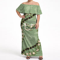 Hawaii Molokai Island Flowers Lei Off Shoulder Maxi Dress Kukui Nut Mossy Green LT7 Women Moss Green - Polynesian Pride