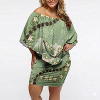 Hawaii Molokai Island Flowers Lei Off Shoulder Short Dress Kukui Nut Mossy Green LT7 Women Moss Green - Polynesian Pride