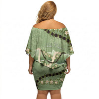 Hawaii Molokai Island Flowers Lei Off Shoulder Short Dress Kukui Nut Mossy Green LT7 - Polynesian Pride