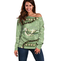Hawaii Molokai Island Flowers Lei Off Shoulder Sweater Kukui Nut Mossy Green