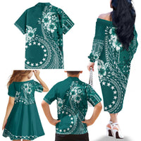 Kia Orana Cook Islands Family Matching Off The Shoulder Long Sleeve Dress and Hawaiian Shirt Tiare and Stars - Teal