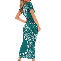 Kia Orana Cook Islands Family Matching Short Sleeve Bodycon Dress and Hawaiian Shirt Tiare and Stars - Teal