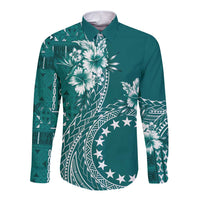 Kia Orana Cook Islands Long Sleeve Button Shirt Tiare and Stars - Teal
