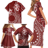 Kia Orana Cook Islands Family Matching Short Sleeve Bodycon Dress and Hawaiian Shirt Tiare and Stars - Scarlet