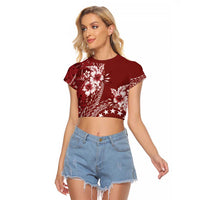 Kia Orana Cook Islands Raglan Cropped T Shirt Tiare and Stars - Scarlet LT7 Female Red - Polynesian Pride