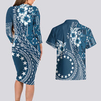 Kia Orana Cook Islands Couples Matching Long Sleeve Bodycon Dress and Hawaiian Shirt Tiare and Stars - Navy Blue