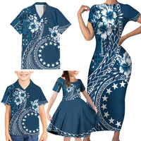 Kia Orana Cook Islands Family Matching Short Sleeve Bodycon Dress and Hawaiian Shirt Tiare and Stars - Navy Blue