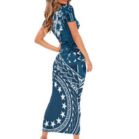 Kia Orana Cook Islands Family Matching Short Sleeve Bodycon Dress and Hawaiian Shirt Tiare and Stars - Navy Blue