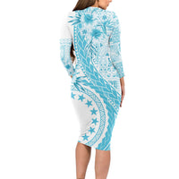 Kia Orana Cook Islands Long Sleeve Bodycon Dress Tiare and Stars - Turquoise
