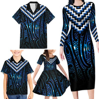 New Zealand Matariki Family Matching Long Sleeve Bodycon Dress and Hawaiian Shirt Galaxy Poutama Motifs