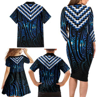 New Zealand Matariki Family Matching Long Sleeve Bodycon Dress and Hawaiian Shirt Galaxy Poutama Motifs