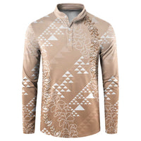 Hawaii Beige Kapa Button Sweatshirt Vintage 'Ohe Kāpala Motifs Mix Plumeria Leis