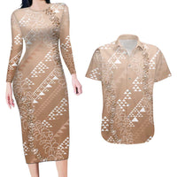 Hawaii Beige Kapa Couples Matching Long Sleeve Bodycon Dress and Hawaiian Shirt Vintage 'Ohe Kāpala Motifs Mix Plumeria Leis