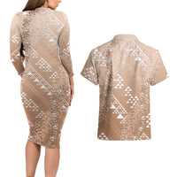 Hawaii Beige Kapa Couples Matching Long Sleeve Bodycon Dress and Hawaiian Shirt Vintage 'Ohe Kāpala Motifs Mix Plumeria Leis