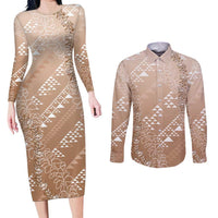Hawaii Beige Kapa Couples Matching Long Sleeve Bodycon Dress and Long Sleeve Button Shirt Vintage 'Ohe Kāpala Motifs Mix Plumeria Leis