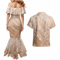 Hawaii Beige Kapa Couples Matching Mermaid Dress and Hawaiian Shirt Vintage 'Ohe Kāpala Motifs Mix Plumeria Leis