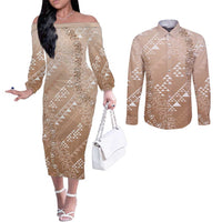 Hawaii Beige Kapa Couples Matching Off The Shoulder Long Sleeve Dress and Long Sleeve Button Shirt Vintage 'Ohe Kāpala Motifs Mix Plumeria Leis