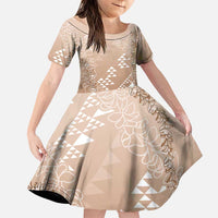 Hawaii Beige Kapa Family Matching Long Sleeve Bodycon Dress and Hawaiian Shirt Vintage 'Ohe Kāpala Motifs Mix Plumeria Leis LT7 Daughter's Dress Beige - Polynesian Pride